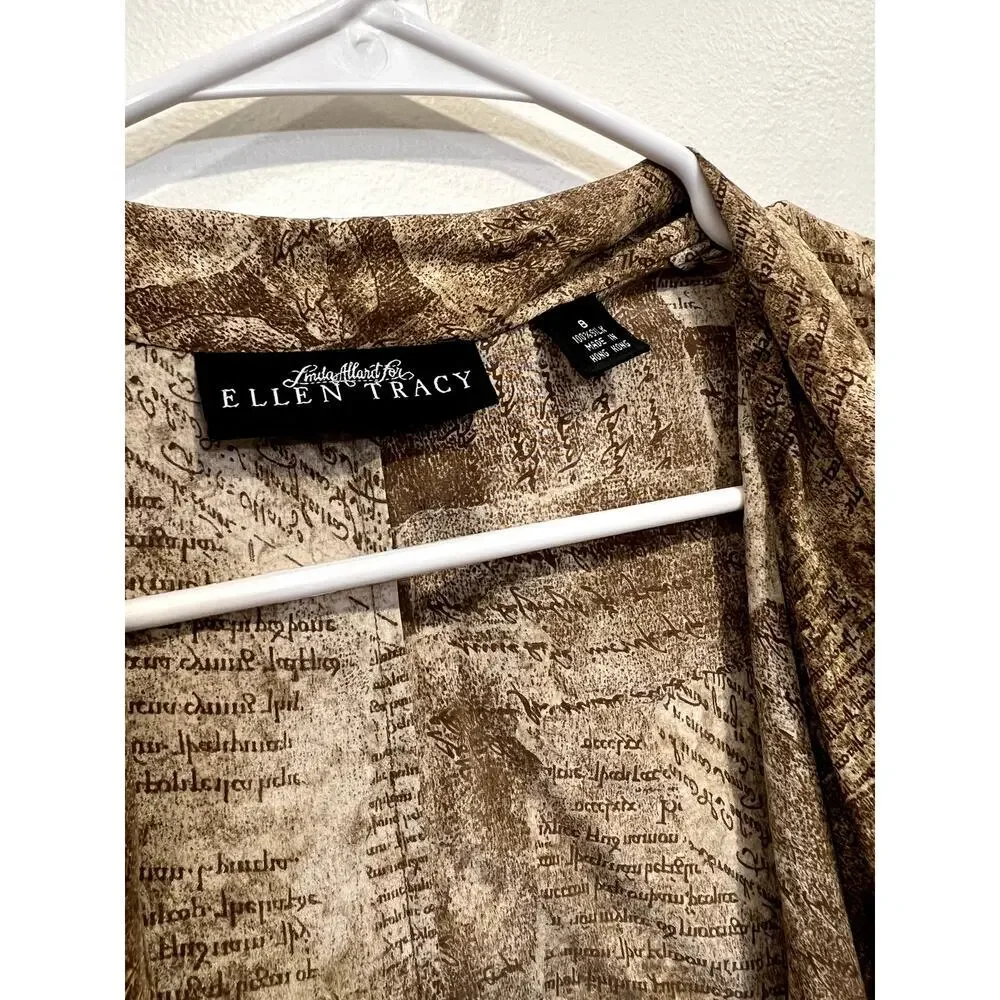 Vintage Linda Allard for Ellen Tracy Silk Abstract Script Print Blouse Size 8 - Picture 2 of 5